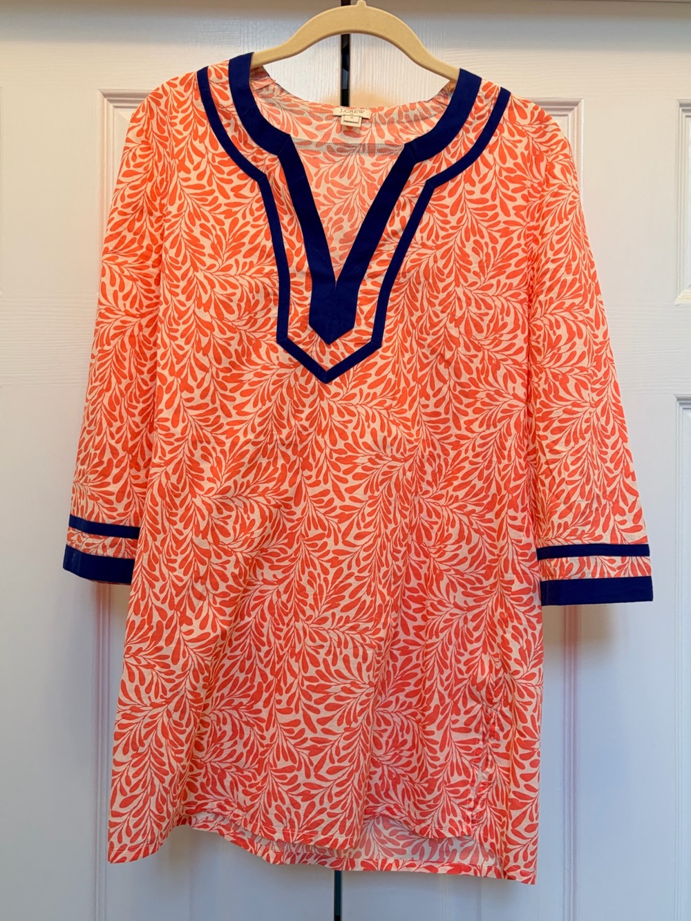 J. Crew Coral and Navy Leaf-Print Tunic